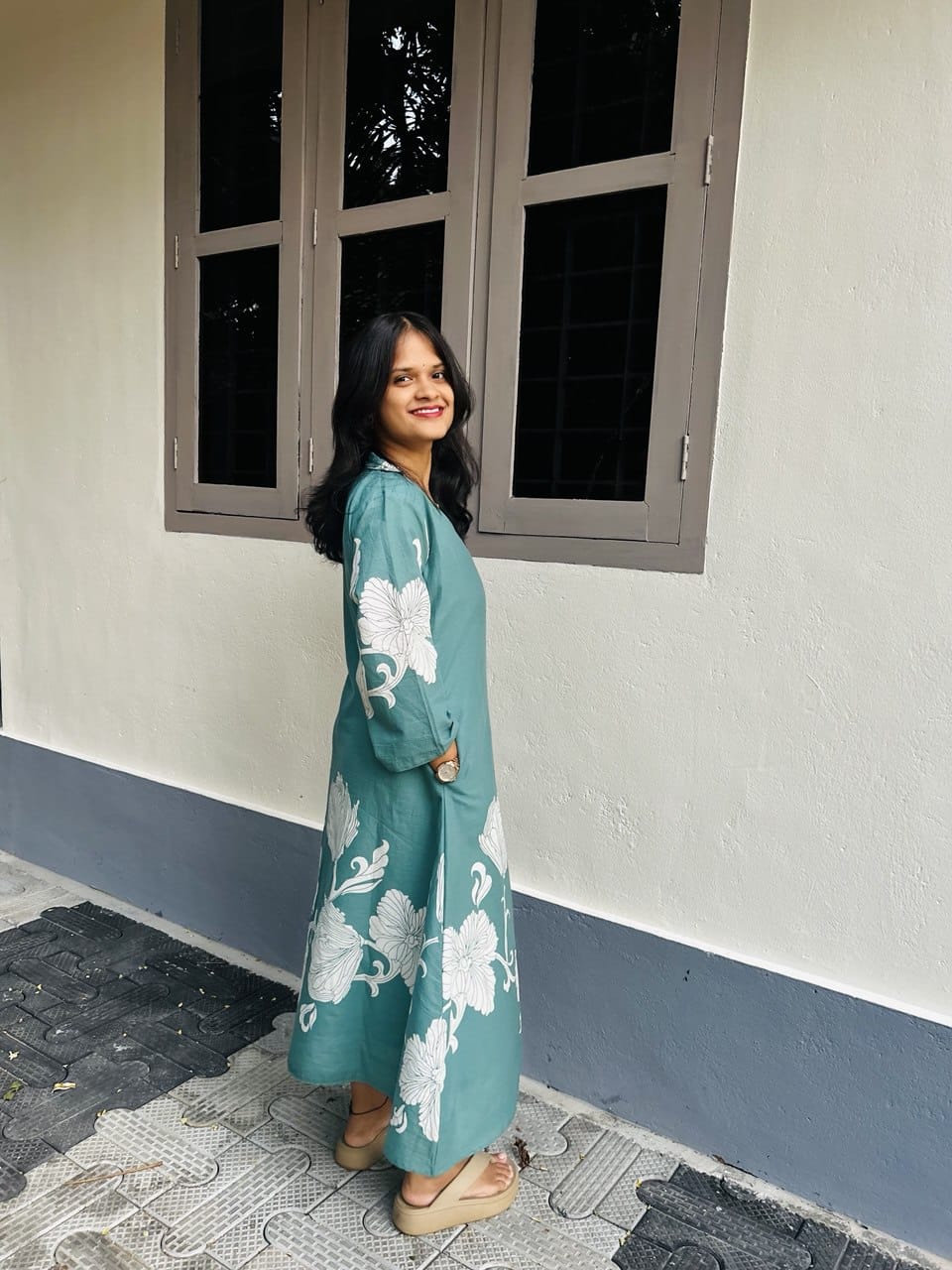 Muted Teal A-line Midi Dress